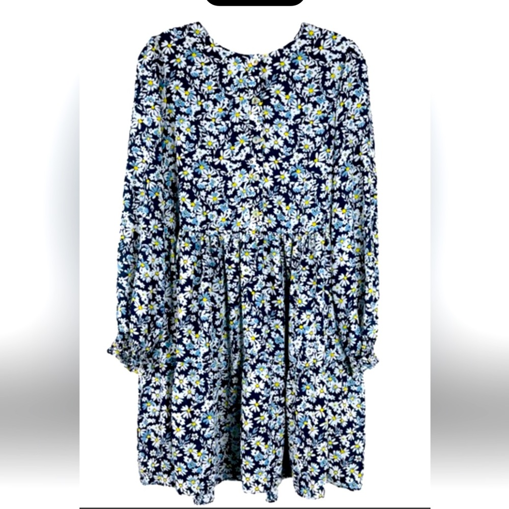 Emma & Michele Blue White Floral Daisy‎ Babydoll Chiffon Button Dress Sz M